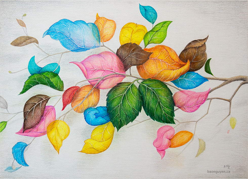 B.Ng Autumn Leaves colored pencils drawing